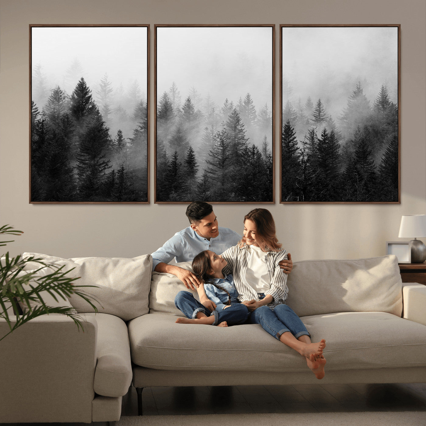MGV-FC-60X30-3P - Foggy Black and White Forest Wall Art, 3 Panel Misty Pine Trees Canvas Print for Living Room, Office, or Bedroom, Nature-Inspired Woodland Wall Decor