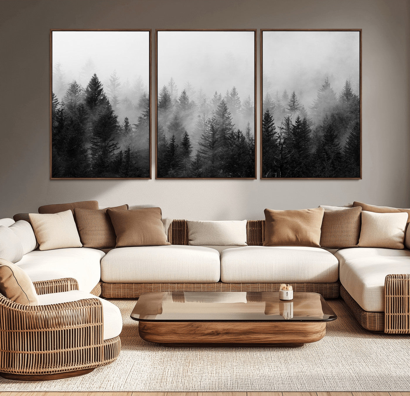 MGV-FC-60X30-3P - Foggy Black and White Forest Canvas Wall Art, 3 Panel Misty Pine Trees Canvas Print for Living Room,