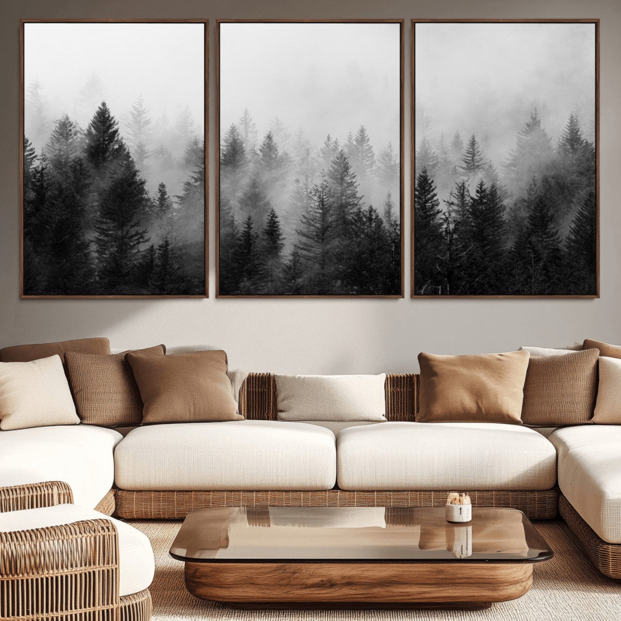 40700-MGV-CV-36X24-Foggy Black and White Forest Canvas Wall Art, 3 Panel Misty Pine Trees Canvas Print for Living Room,