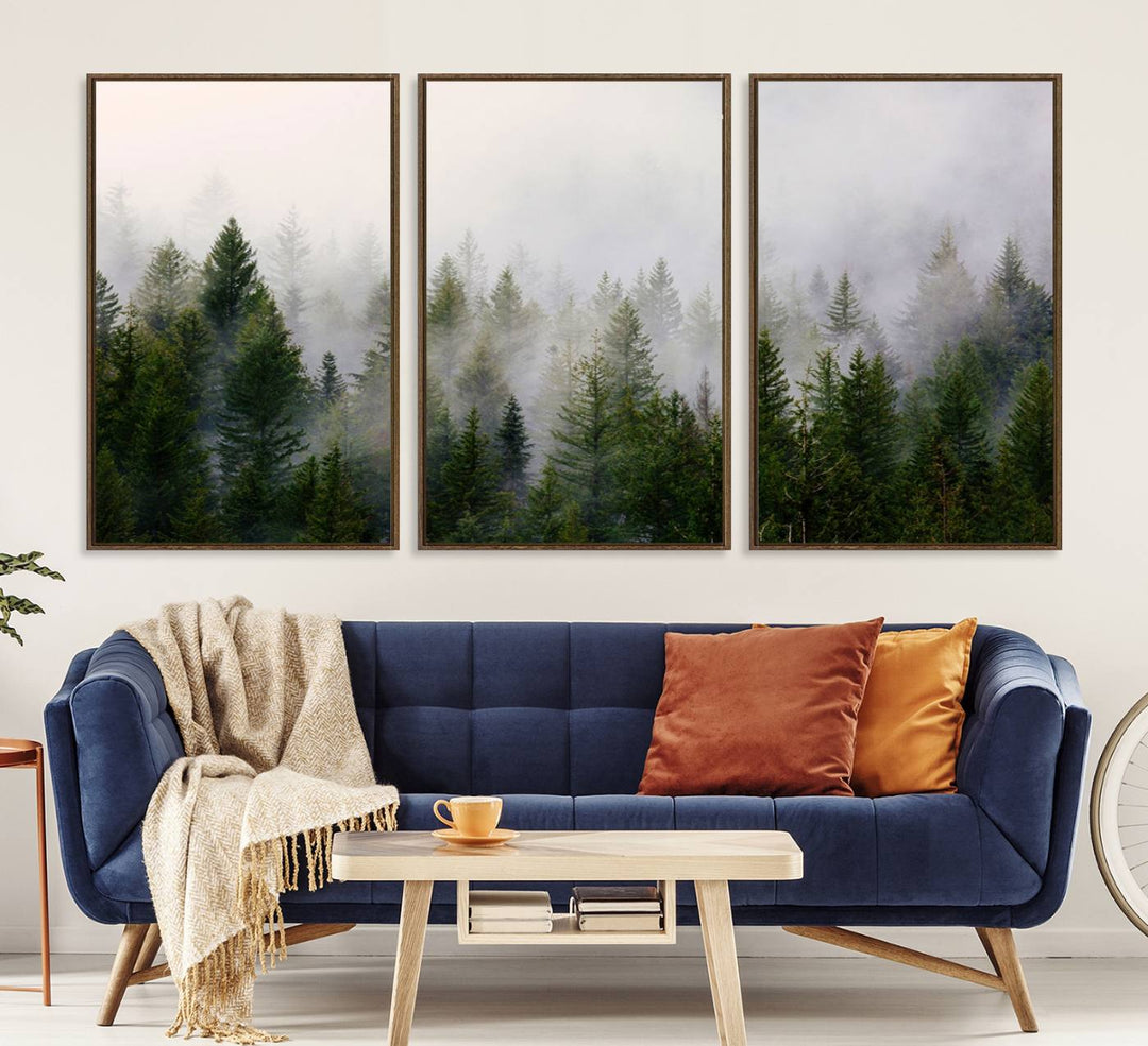 A serene, foggy evergreen forest creates a mysterious atmosphere, ideal for premium canvas wall art.