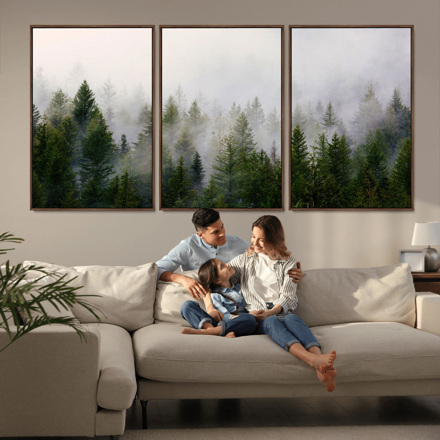 MGV-FC-60X30-3P - Misty Pine Forest Wall Art Canvas Print | 3 Panel Green Woodland Canvas Print for Living Room, Office, or Dining Room | Nature Foggy Forest Decor