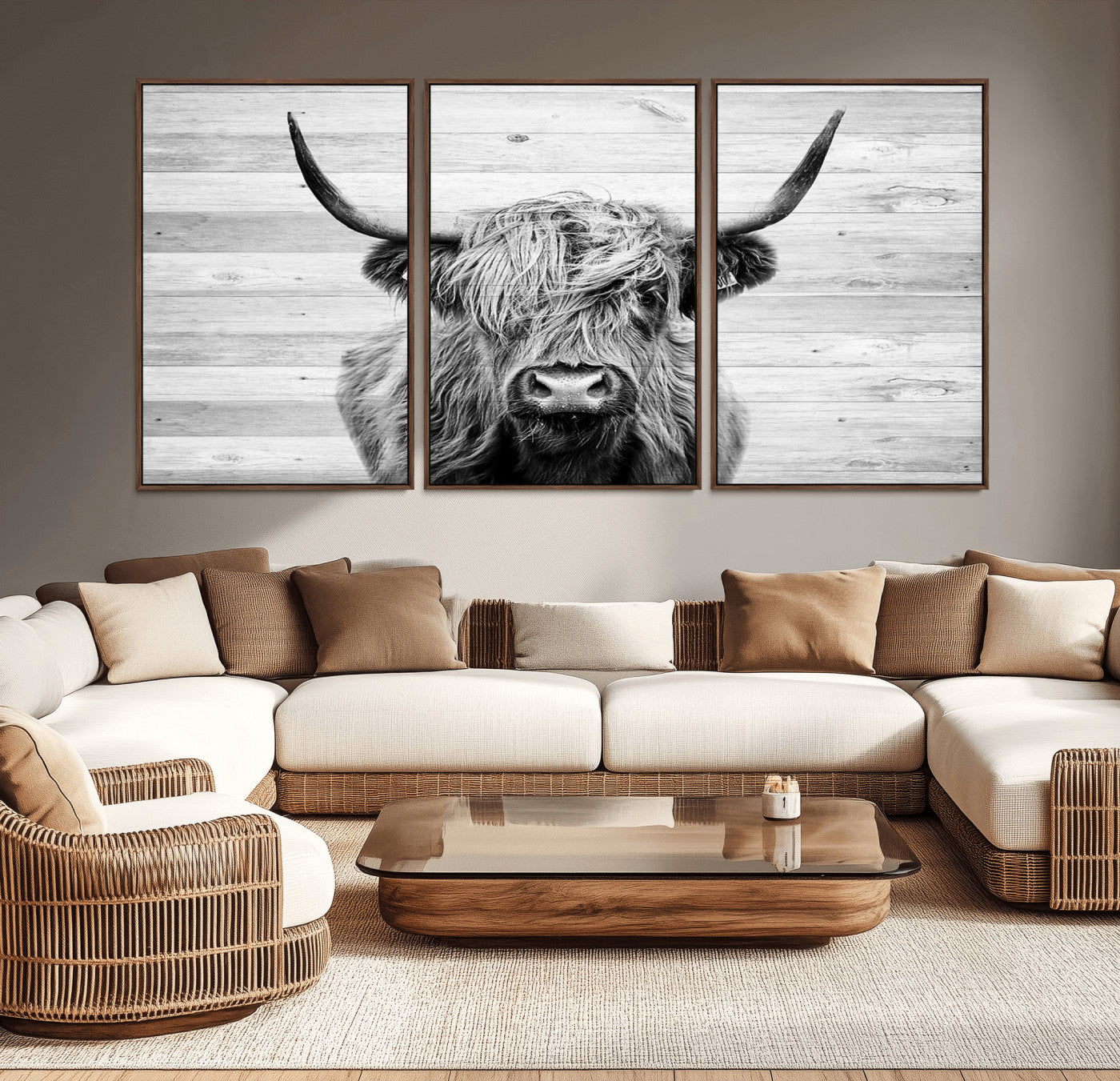 14634-MGV-CV-36X24-Scottish Highland Cow Cattle Art Print on Wood Background Style, Scottish Highland Cow Wall Art