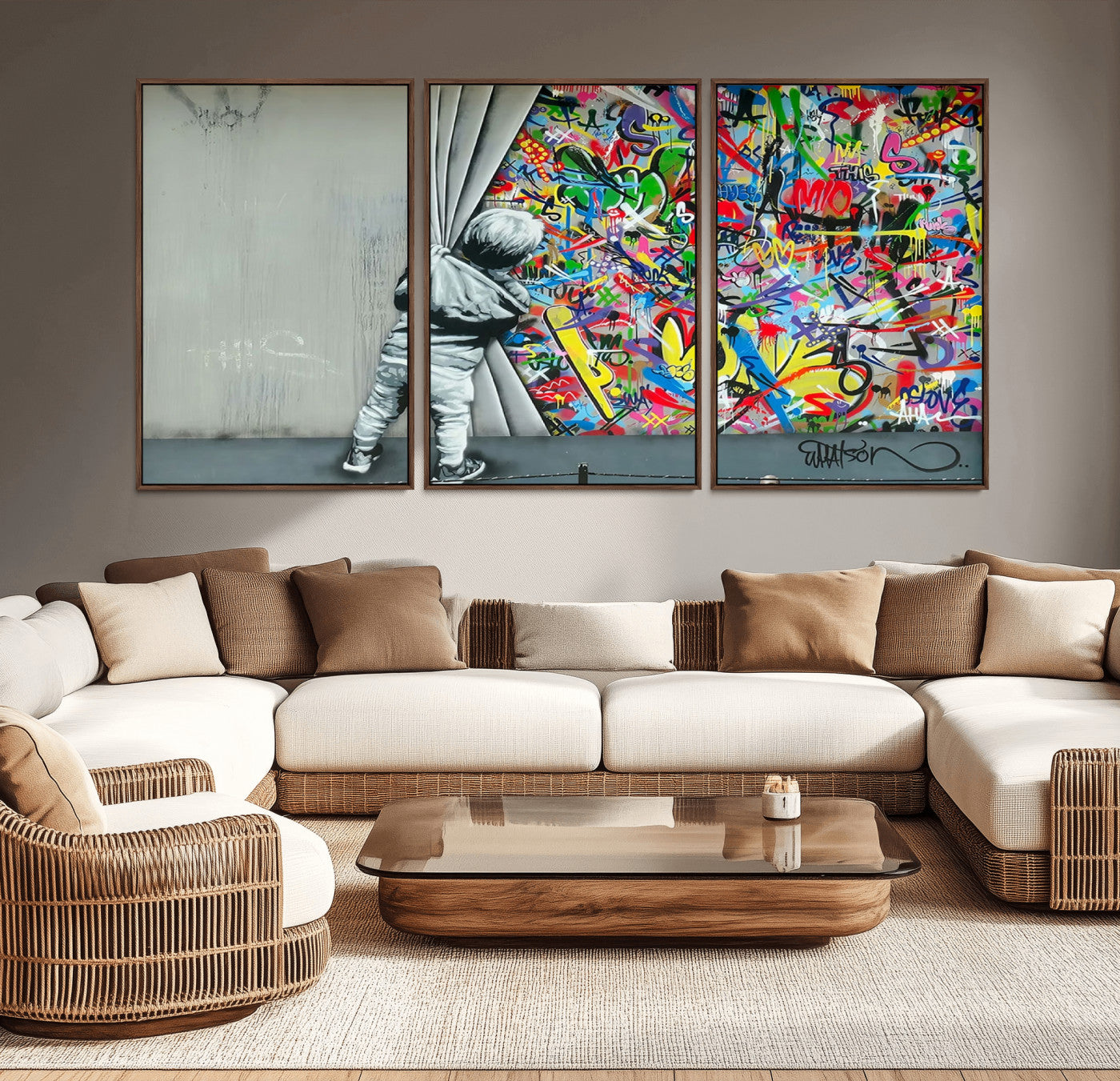 51713-MGV-CV-36X24-Banksy Colorful Street Graffiti Canvas Wall Art Print, Modern Art Triptych, Child and Graffiti Wall,