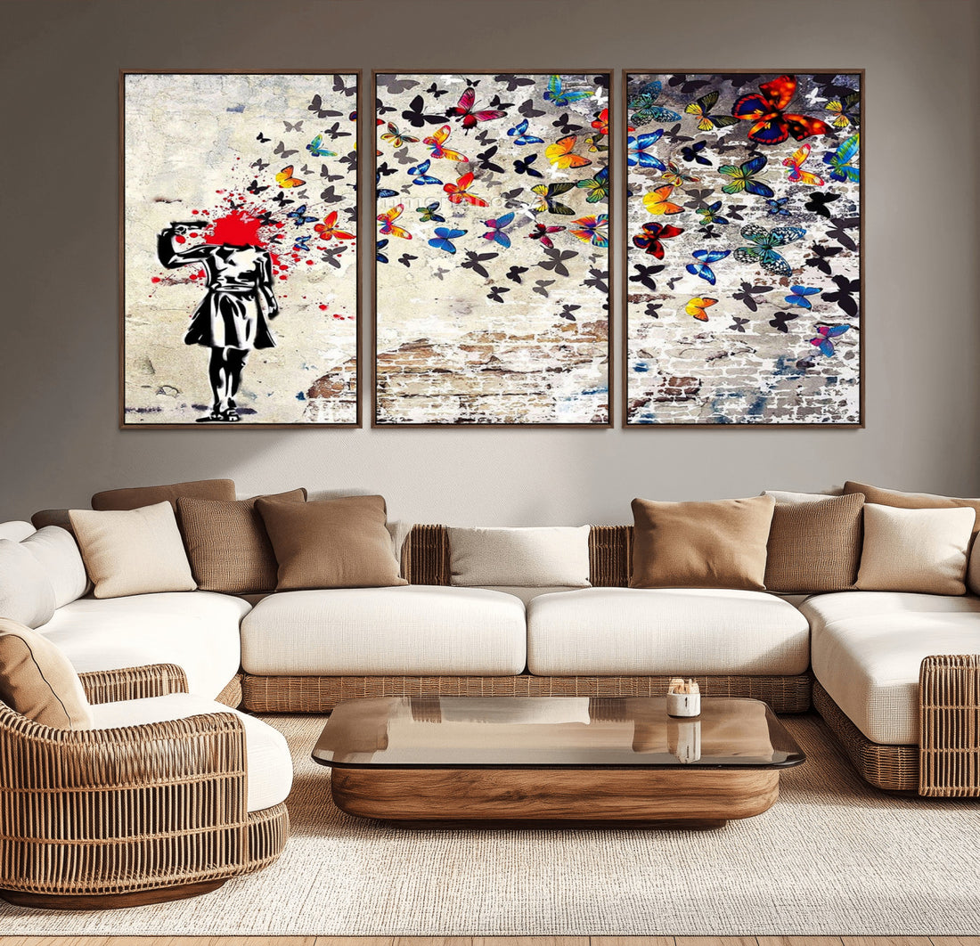 Banksy Art Butterfly Girl Explosion Canvas Art, Vibrant Urban Graffiti for Modern Interiors