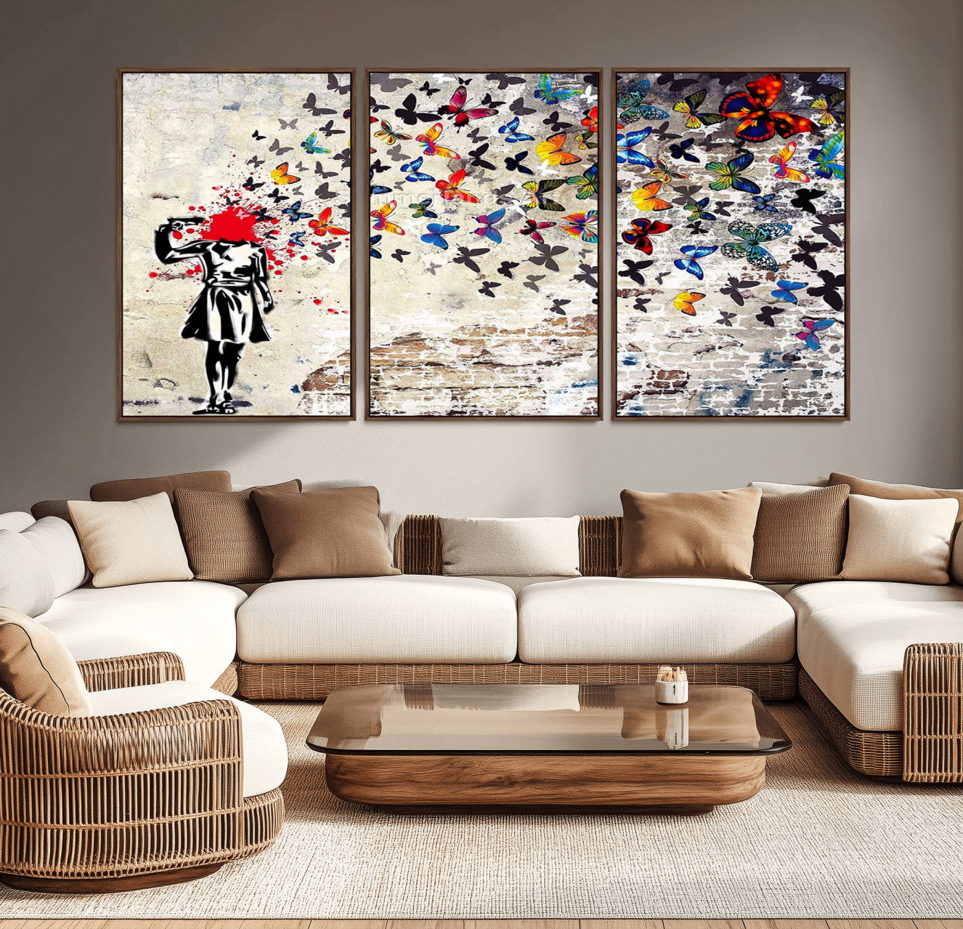 MGV-FC-60X30-3P - Banksy Art Butterfly Girl Explosion Canvas Art – Vibrant Urban Graffiti for Modern Interiors - Ready