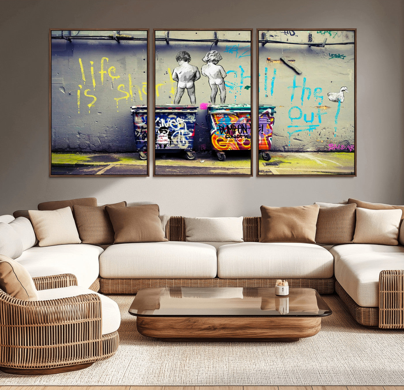 MGV-FC-60X30-3P - Banksy Life is Short Wall Art - Iconic Graffiti Art on Framed Ready-to-Hang Canvas - Street Art
