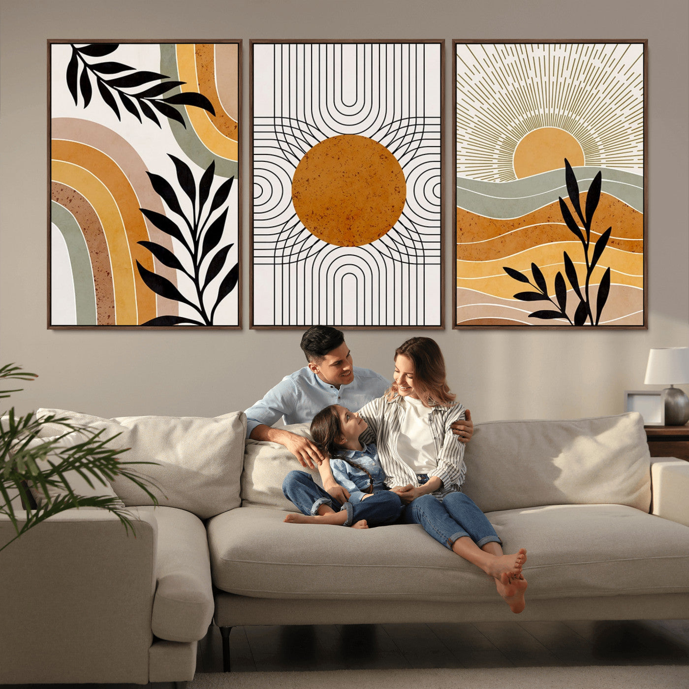 MGV-FC-60X30-3P - Modern Boho Sun and Leaf Abstract Art – 3-Panel Giclée Canvas for Mid-Century Modern or Bohemian Wall Decor