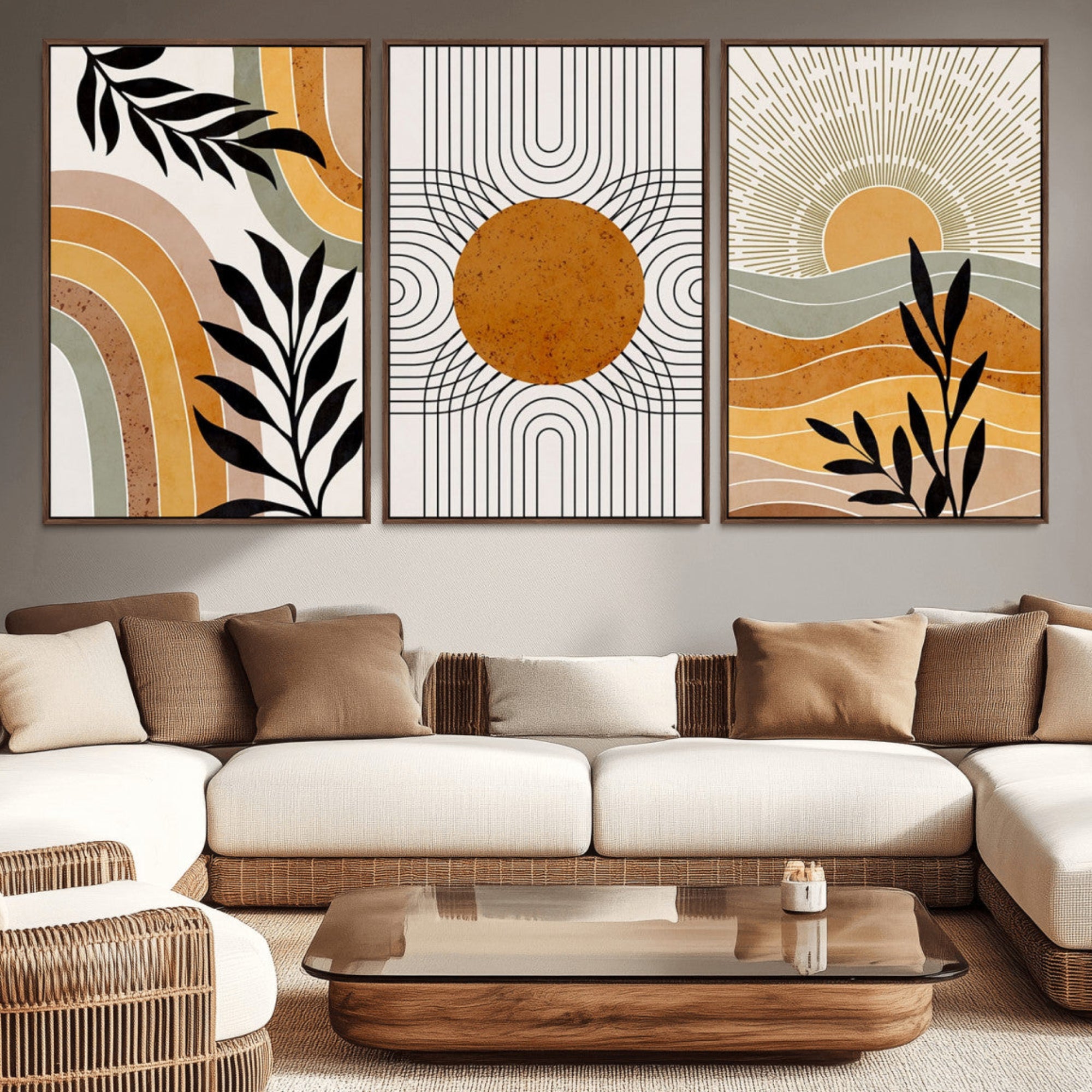 -Modern Boho Sun and Leaf Abstract Art – 3-Panel Giclée Canvas for Mid-Century Modern or Bohemian