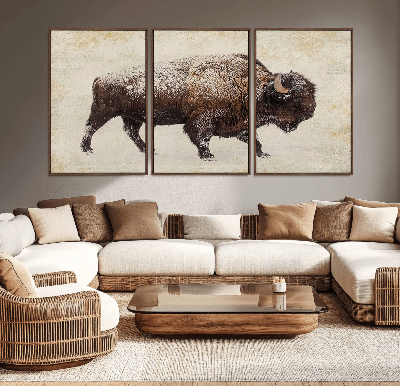 MGV-FC-60X30-3P - Buffalo Wall Art, Western Bison Canvas Print, Rustic Buffalo Art for Cowboy Western Decor, Large Multi-Panel Giclee Canvas for Farmhouse Wall Decor
