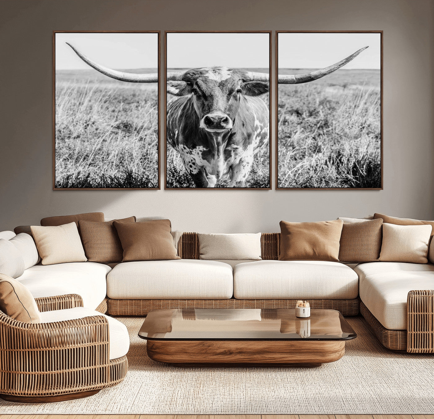 MGV-FC-60X30-3P - Texas Cow Longhorn Wall Art Canvas Print for Farm House Wall Decor, Farmhouse Wall Art Print