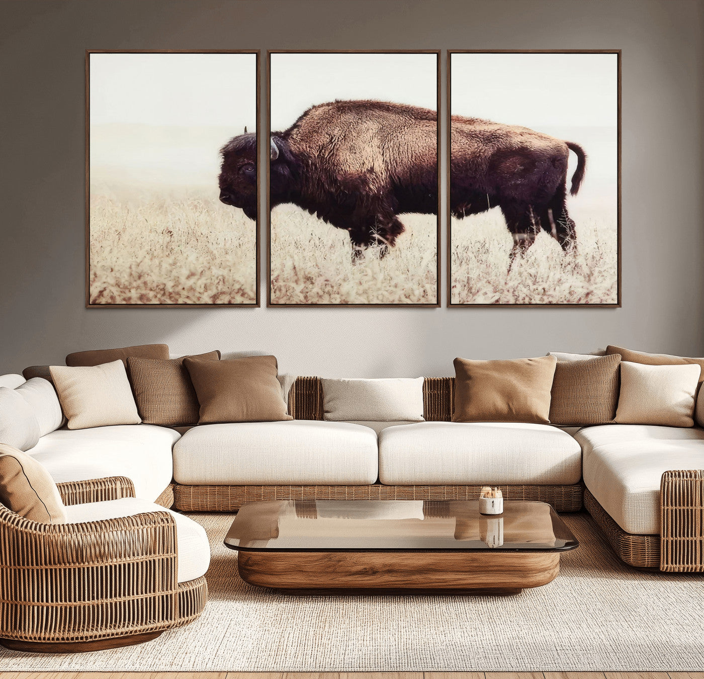 MGV-FC-60X30-3P - Bison in Field Wall Art Canvas Print For Farmhouse Barn Decor