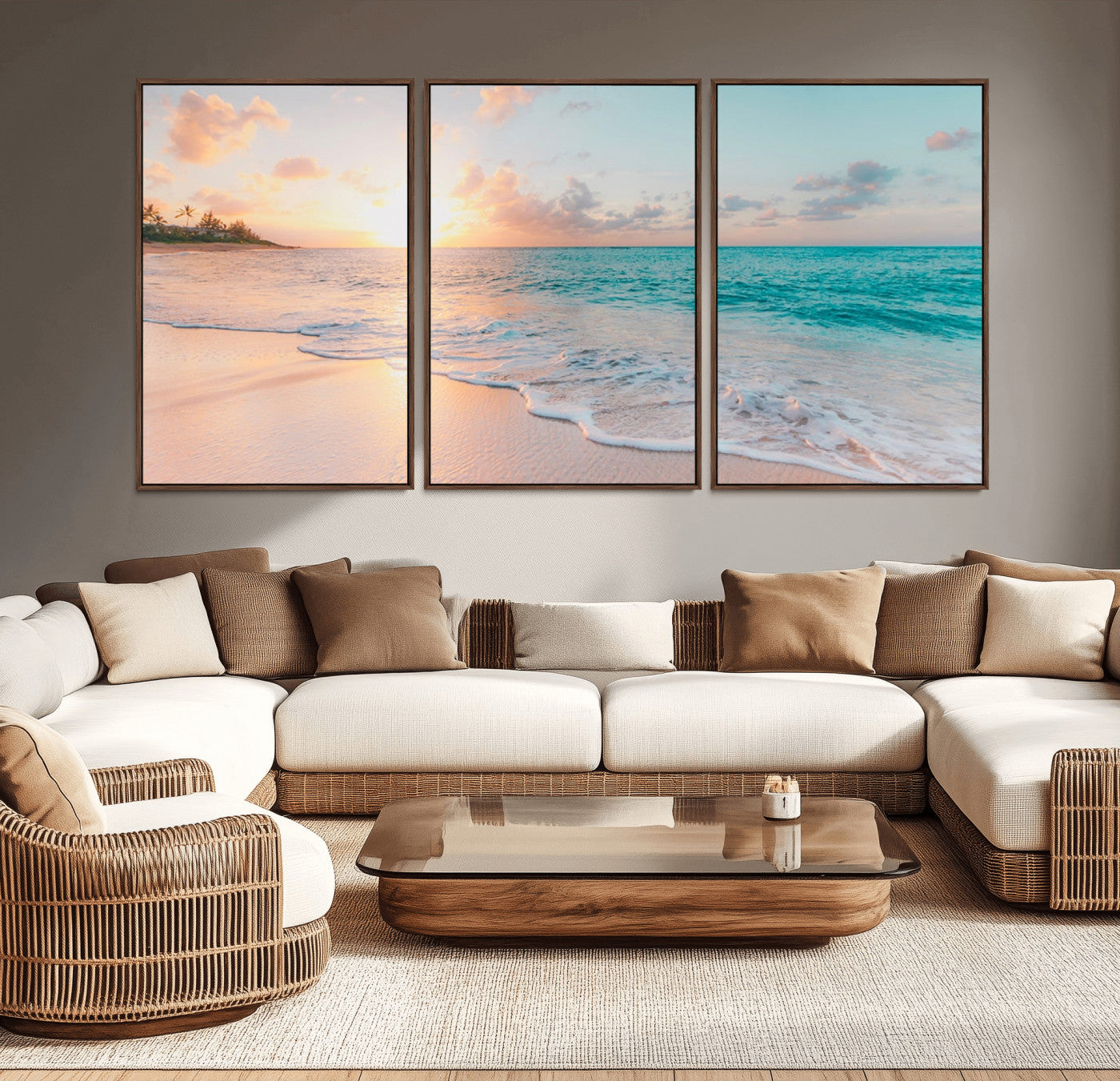 MGV-FC-60X30-3P - Beach Sunrise Wall Art, Coastal Seascape Canvas Print, Ocean Wave Multi-Panel Giclee, Coastal Sunset