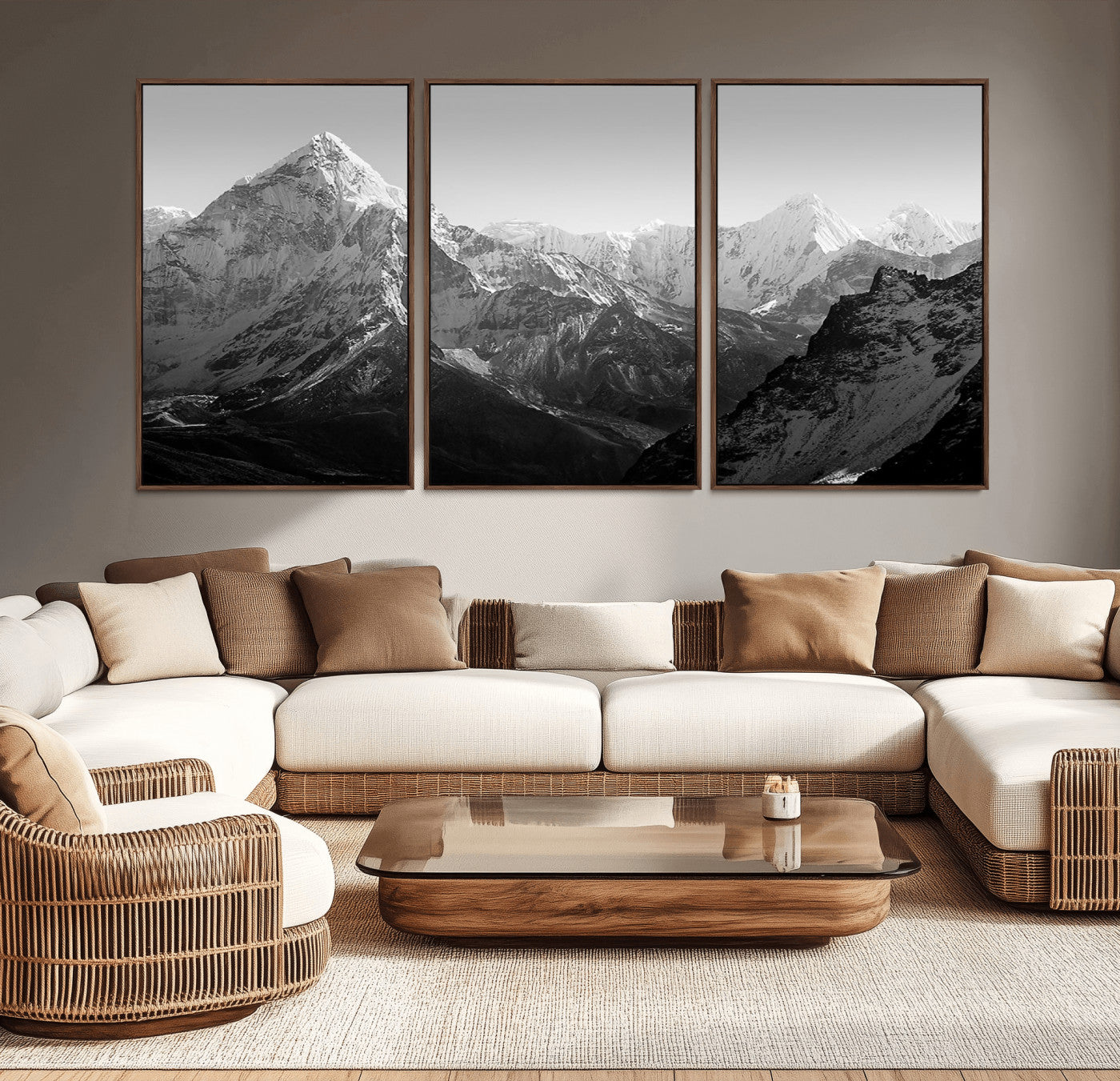 MGV-FC-60X30-3P - Everest Himalaya Mountain Peaks Black & White Triptych Canvas Art – Mountain Wall Decor, Everest