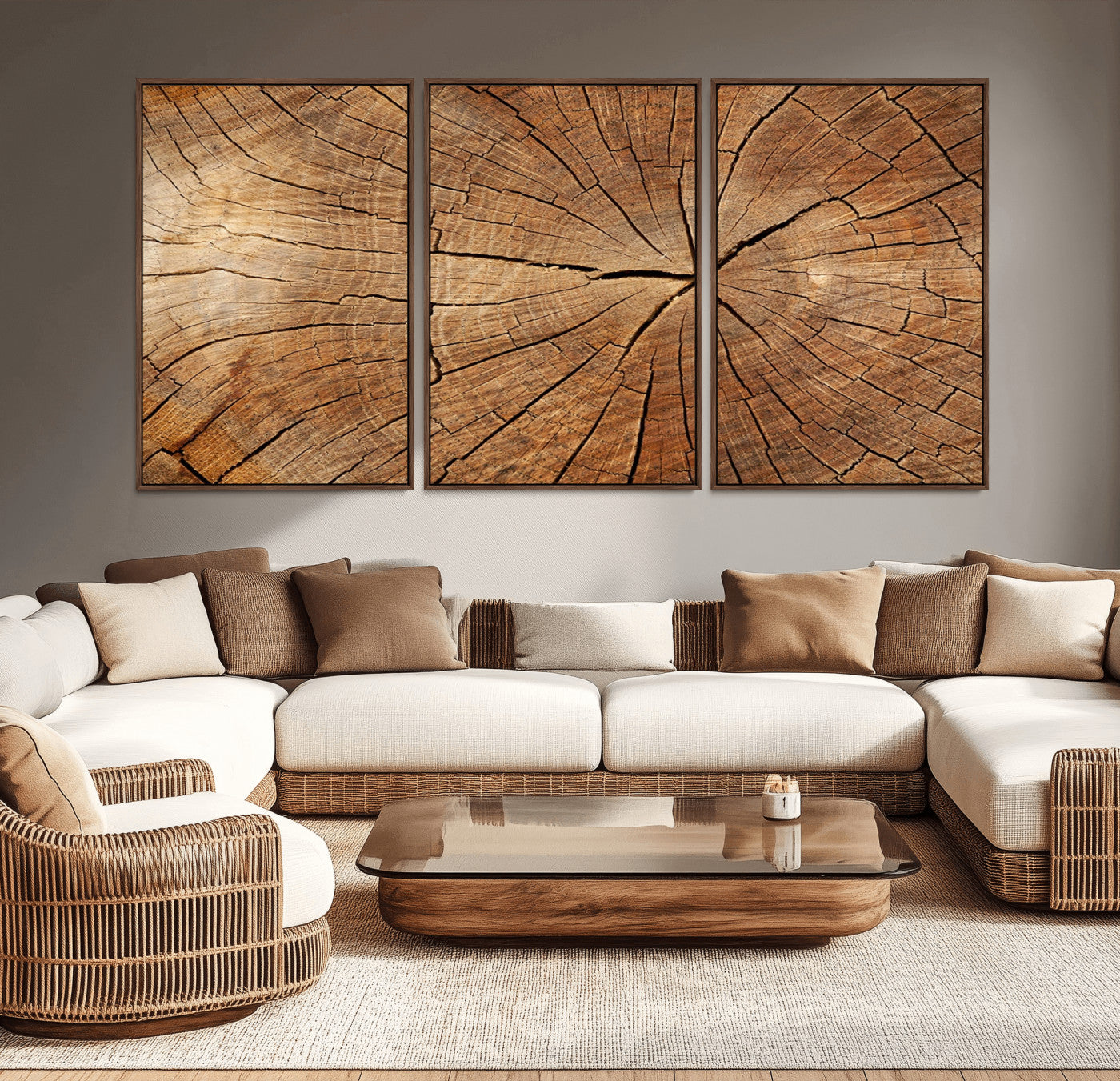 MGV-FC-60X30-3P - Tree Ring Canvas Art, Rustic Wood Grain Wall Art, Tree Slice Decor for Modern Homes, Giclee