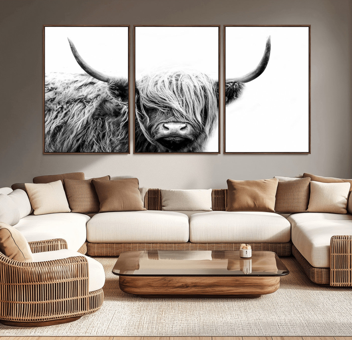 MGV-FC-60X30-3P - Black White Scottish Highland Cow Cattle Art Print Farmhouse Wall Art Canvas Print