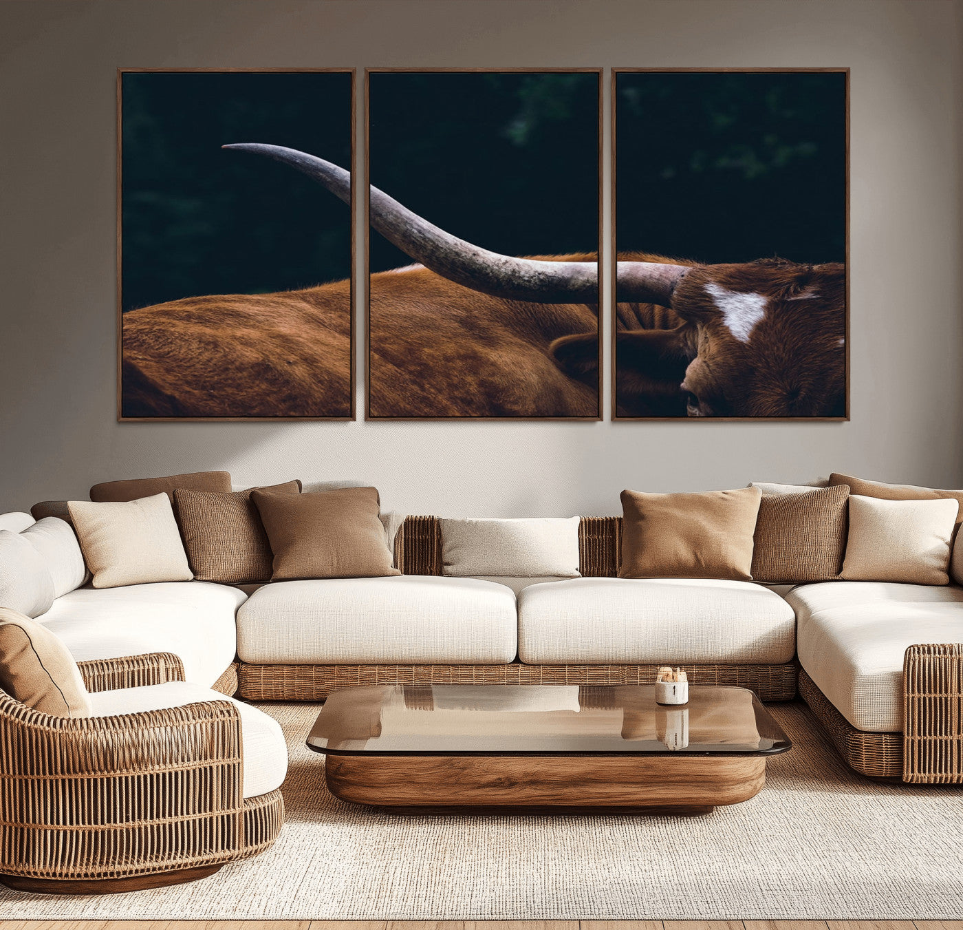 MGV-FC-60X30-3P - Texas Longhorn Bull Wall Art Canvas Print - Large Framed Canvas Wall Art, Animal Print for Rustic Home or Office Décor, Farmhouse Cabin Wall Decor