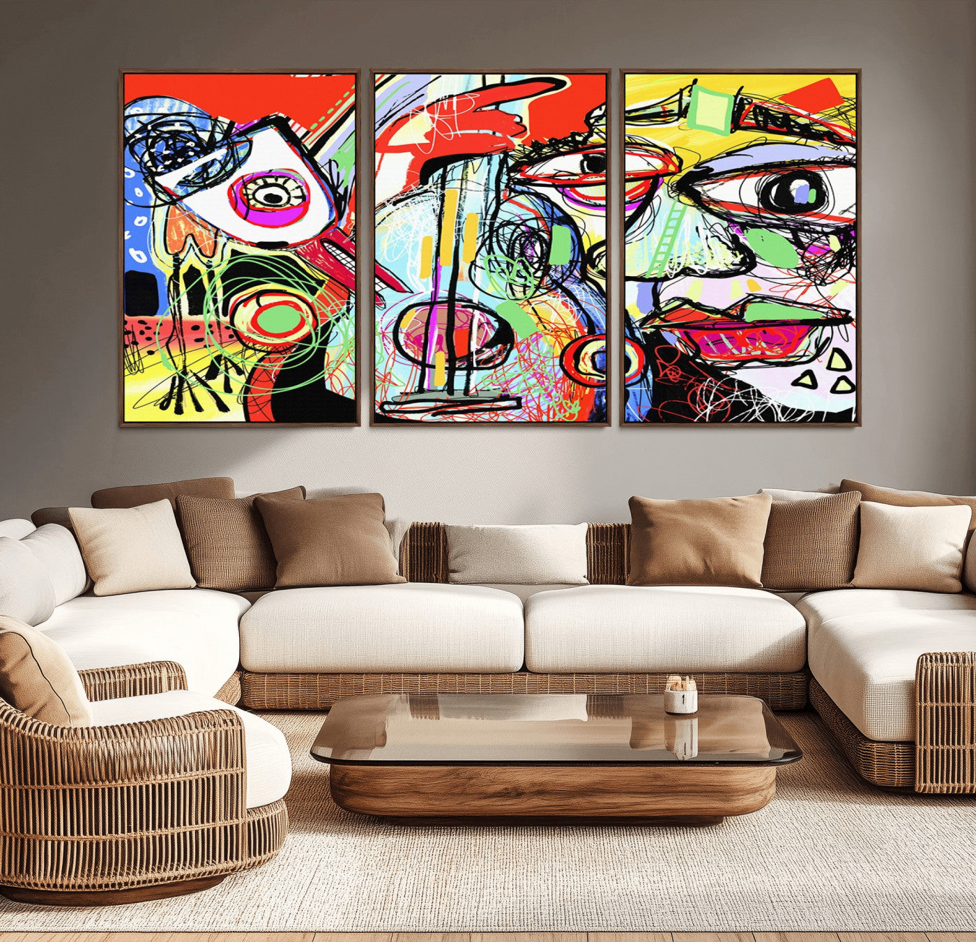 MGV-FC-60X30-3P - Picasso Style Art Abstract Canvas Wall Art Print , Colorful Abstract Artwork