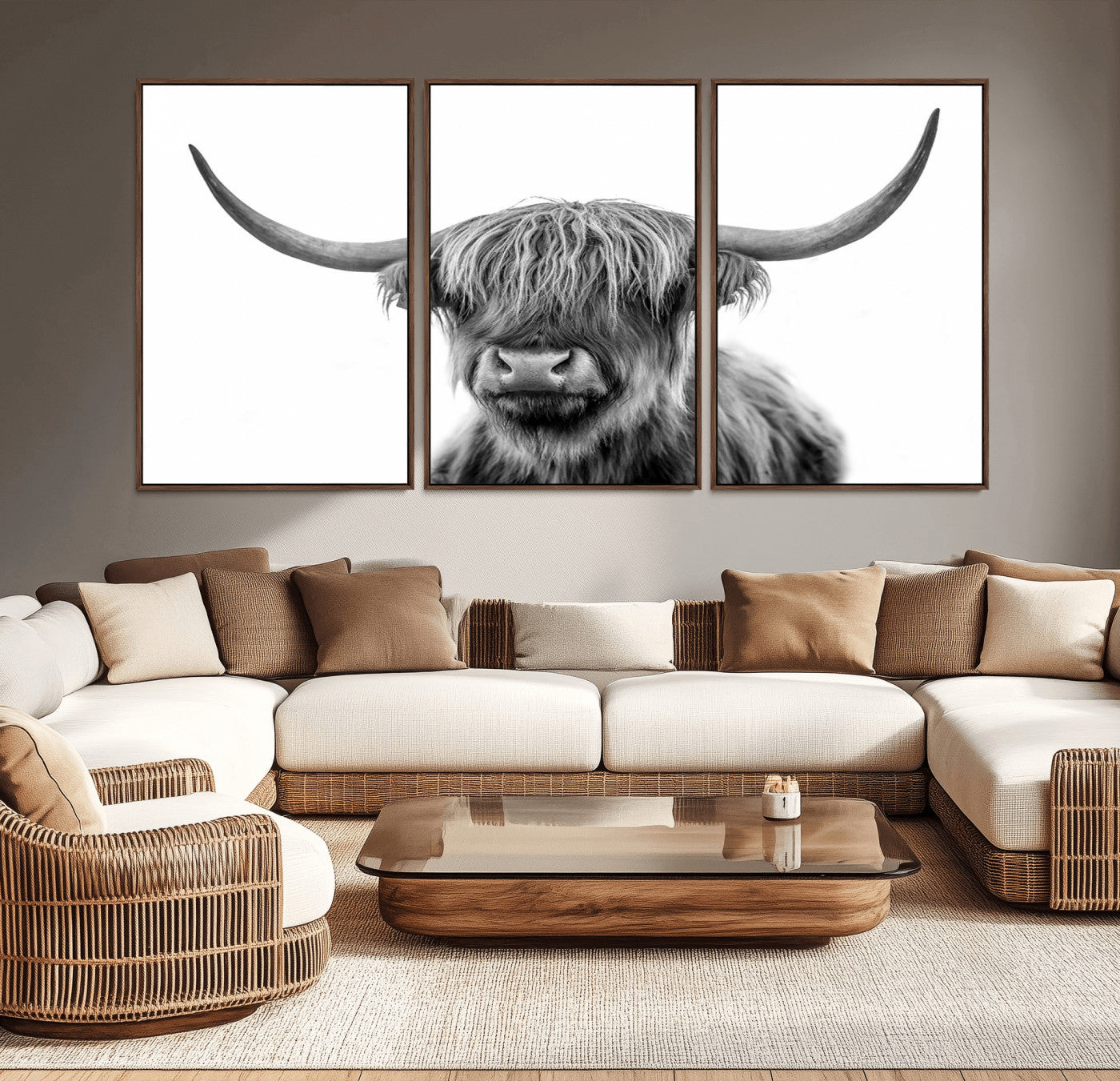 -Grayscale Scottish Highland Cow Cattle Art Print Farmhouse Wall Art Canvas Print