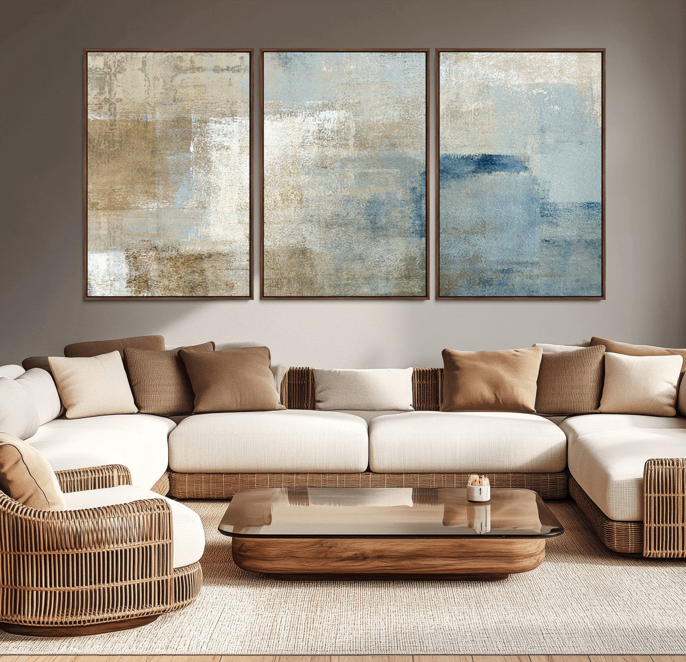 MGV-FC-60X30-3P - Abstract Blue and Beige Wall Art, Modern Minimalist Canvas Print Set, Giclee Textured Art, Large