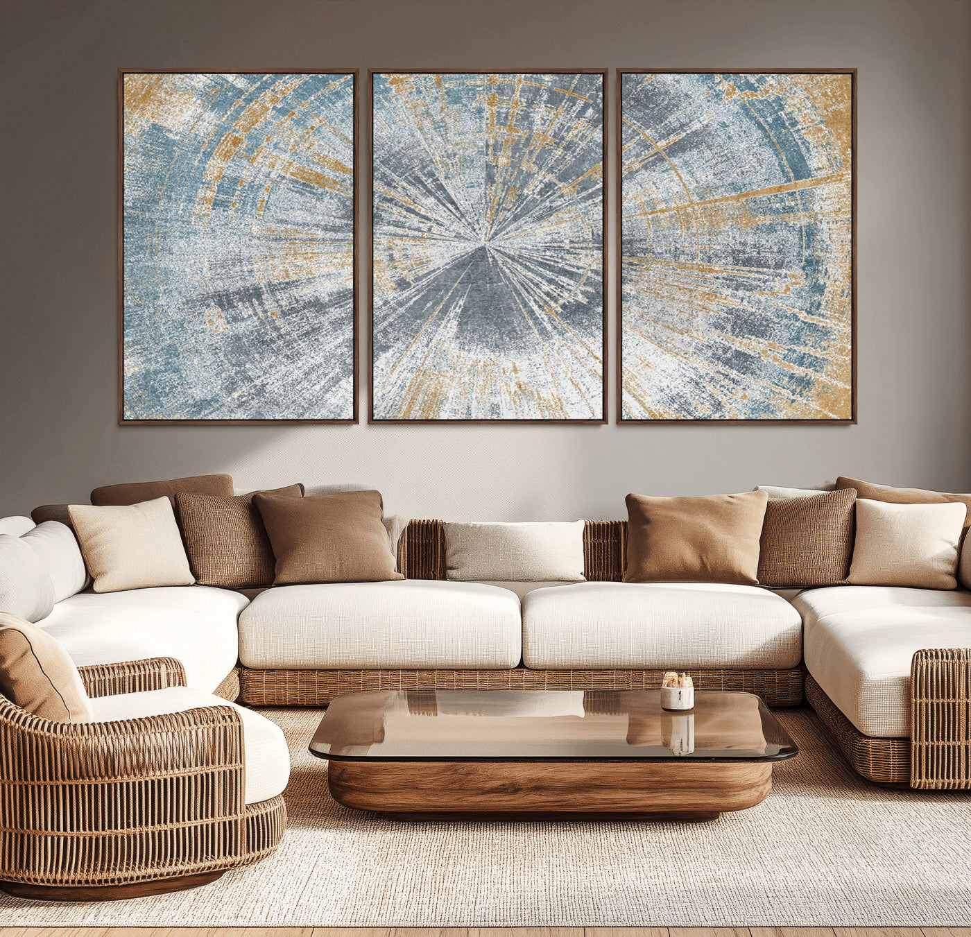 MGV-FC-60X30-3P - Radiant Abstract Wood Rings Canvas Art – Modern Triptych Wall Decor for Living Room or Farmhouse Decor
