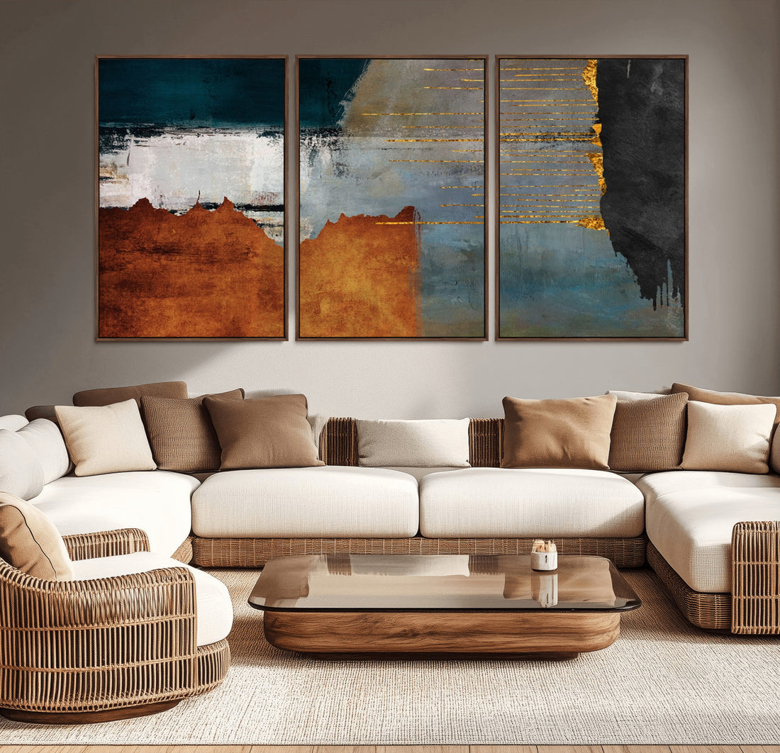 Modern Abstract Canvas Art Canvas Print, Orange, Teal and Gold Triptych, Framed and Ready to Hang