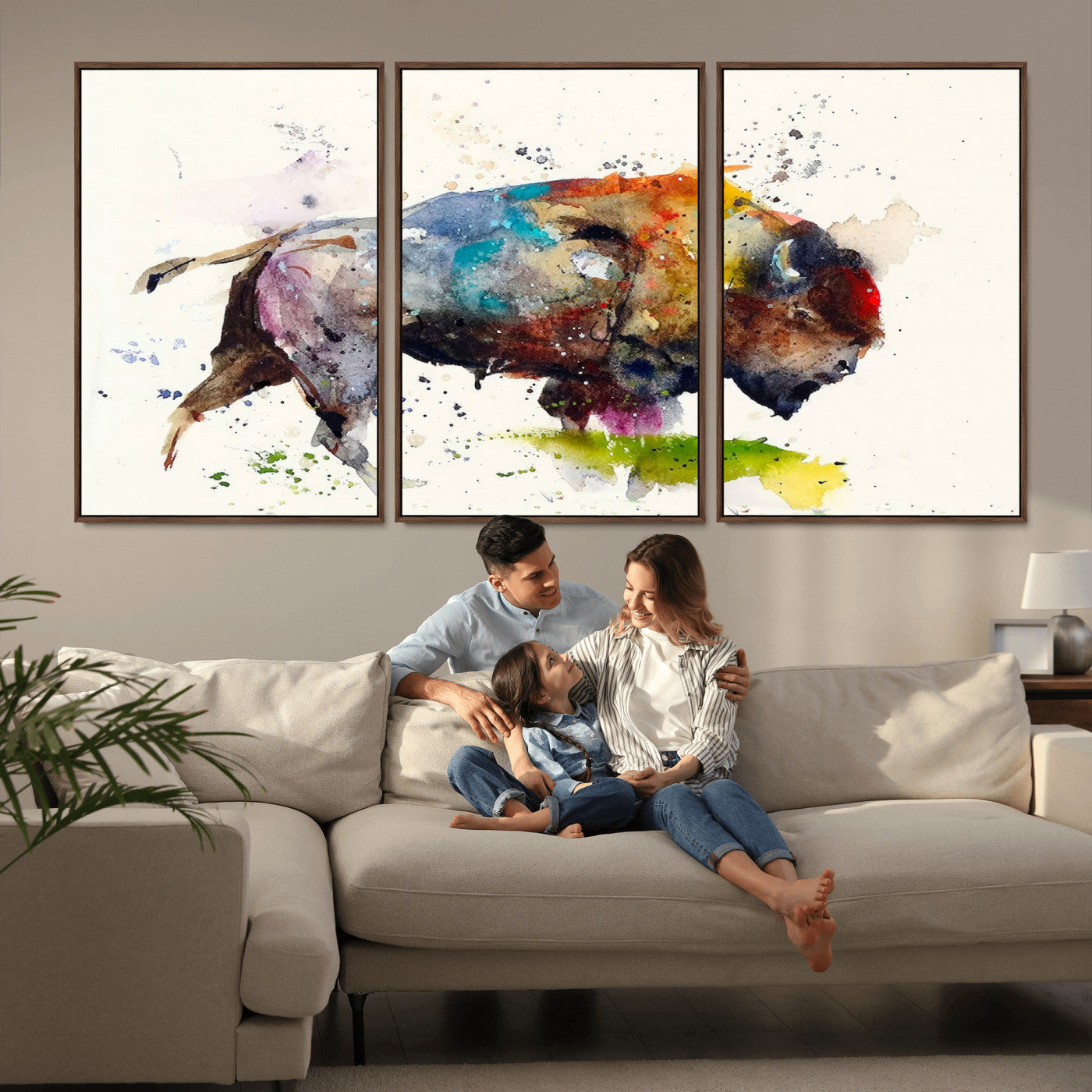 MGV-FC-60X30-3P - Abstract Buffalo Wall Art, Western Watercolor Bison Canvas Print, Rustic Buffalo Art for Cowboy and Western Decor, Large Multi-Panel Giclee Canvas