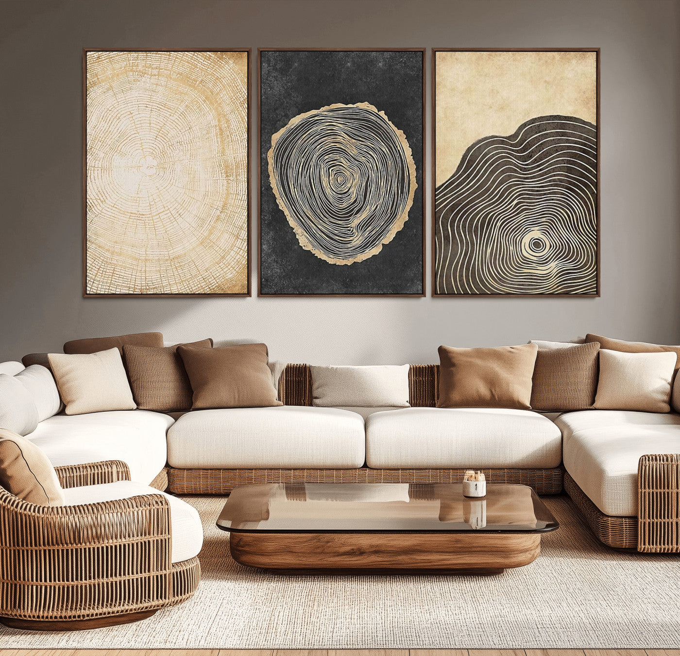 MGV-FC-60X30-3P - Tree Rings Canvas Wall Art Print – Minimalist Natural History in Modern Decor - Minimalist Boho Wall