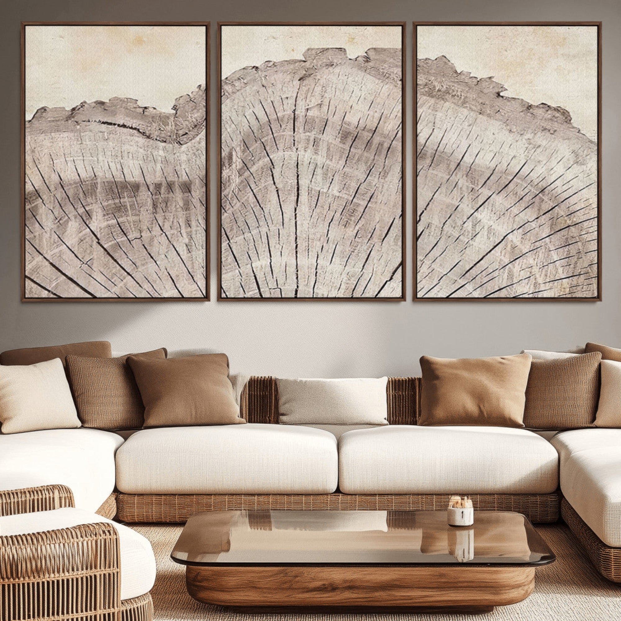 67528-MGV-CV-36X24-Tree Ring Wall Art Triptych, Rustic Wood Ring Canvas Print, Minimalist Wall Decor for Modern Homes