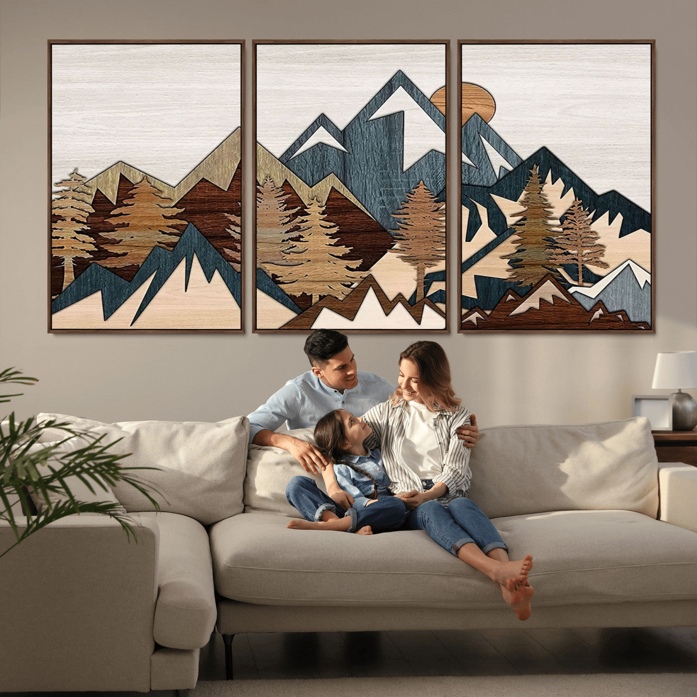 67950-MGV-FC-60X30-3P_Walnut-Rustic Abstract Wood Panel Effect Canvas Mountain Range Top Wood Wall Art Canvas Print