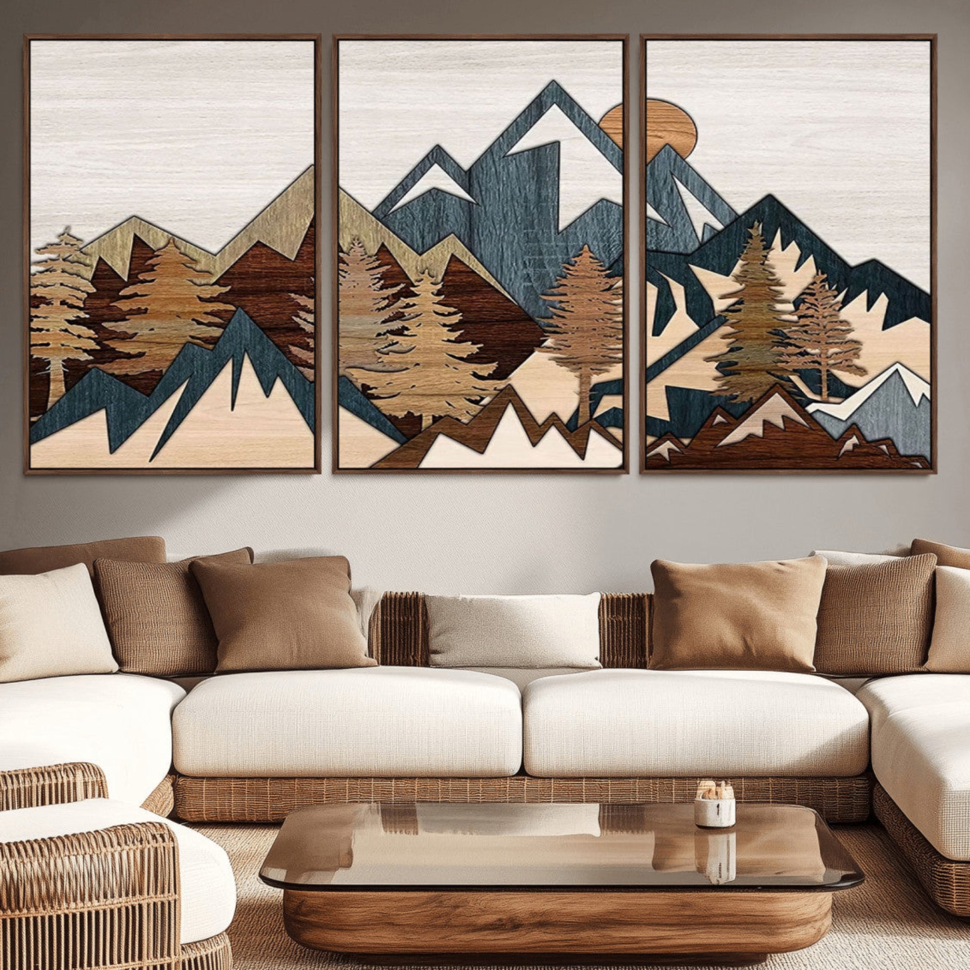 67950-MGV-CV-36X24-Woodland Mountain Landscape Triptych, Giclee Canvas Art for Modern Home, Rustic Wooden Nature Wall