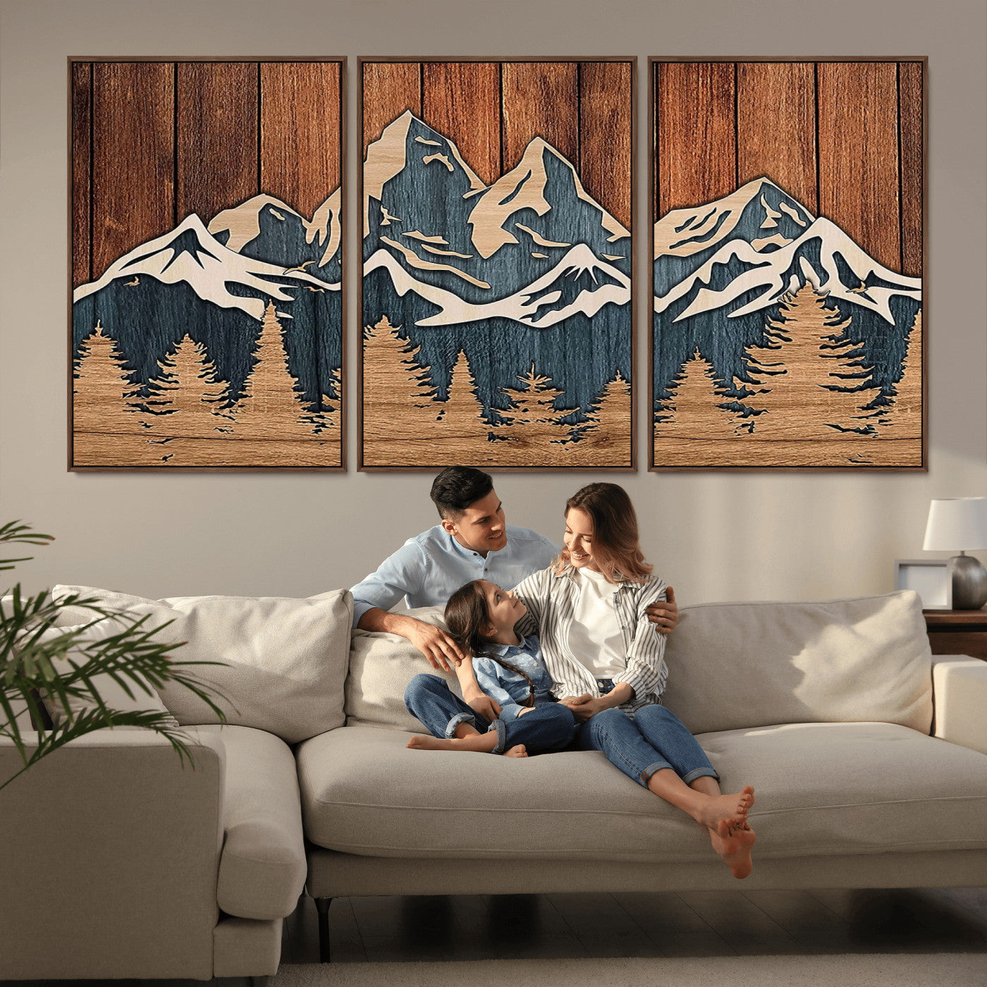 MGV-FC-60X30-3P - Rustic Wood Style Mountain Wall Art, Nature Forest Canvas Print, Wooden Textured Mountain Artwork, Handcrafted Landscape Decor for Farmhouse Decor