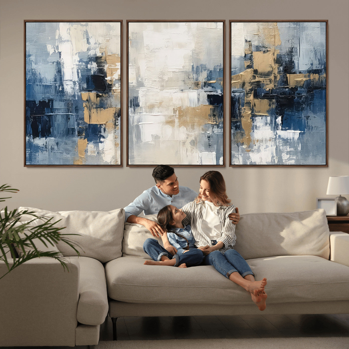 MGV-FC-60X30-3P - Modern Abstract Canvas Wall Art in Blue and Gold Tones | Large Contemporary Art for Living Room, Office, or Bedroom Décor