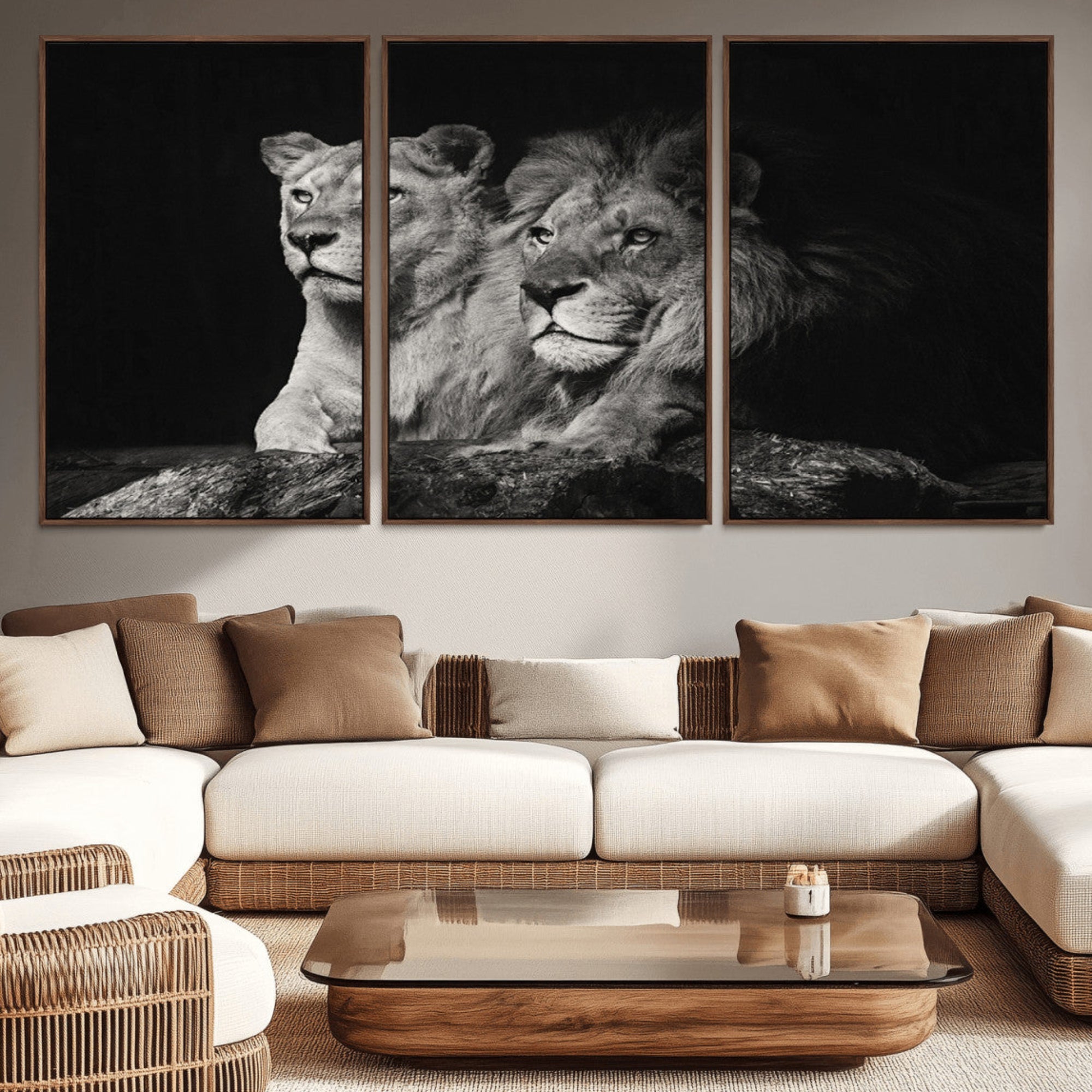 80013-MGV-CV-36X24-Lion Couple Wall Art Canvas Print – Elegant Black and White Wildlife Portrait Lion Family Artwork for Home, Office