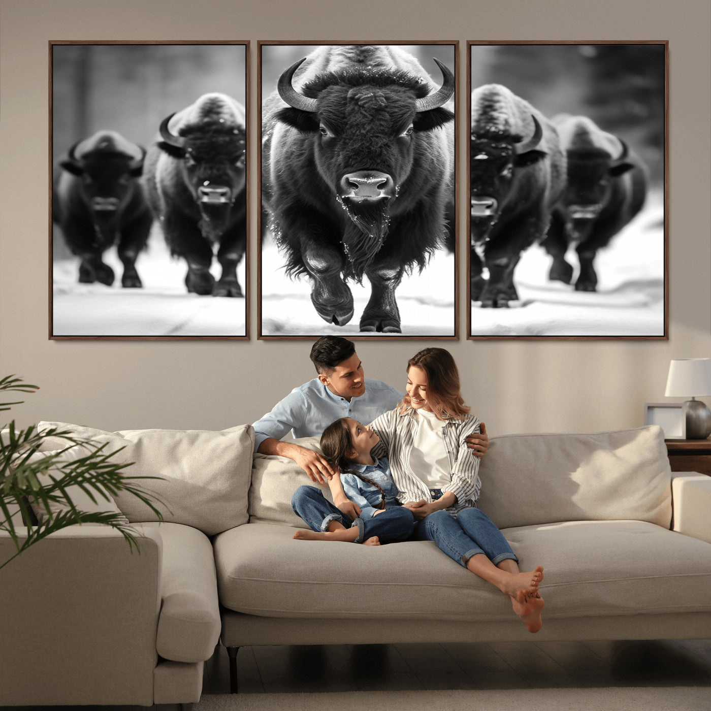 MGV-FC-60X30-3P - American Bison Art | Buffalo Herd Wall Art Canvas Print, BW American Bison Herd Wall Art Canvas Print