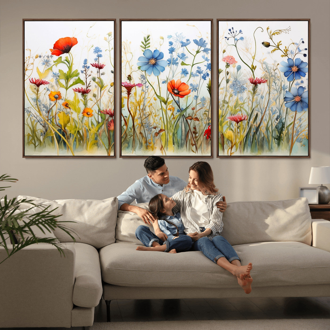 MGV-FC-60X30-3P - Colorful Wildflower Canvas Wall Art - Vibrant Floral Botanical Print, Bright Nature Decor for Living Room, Large 3 Panel Set, Ready to Hang