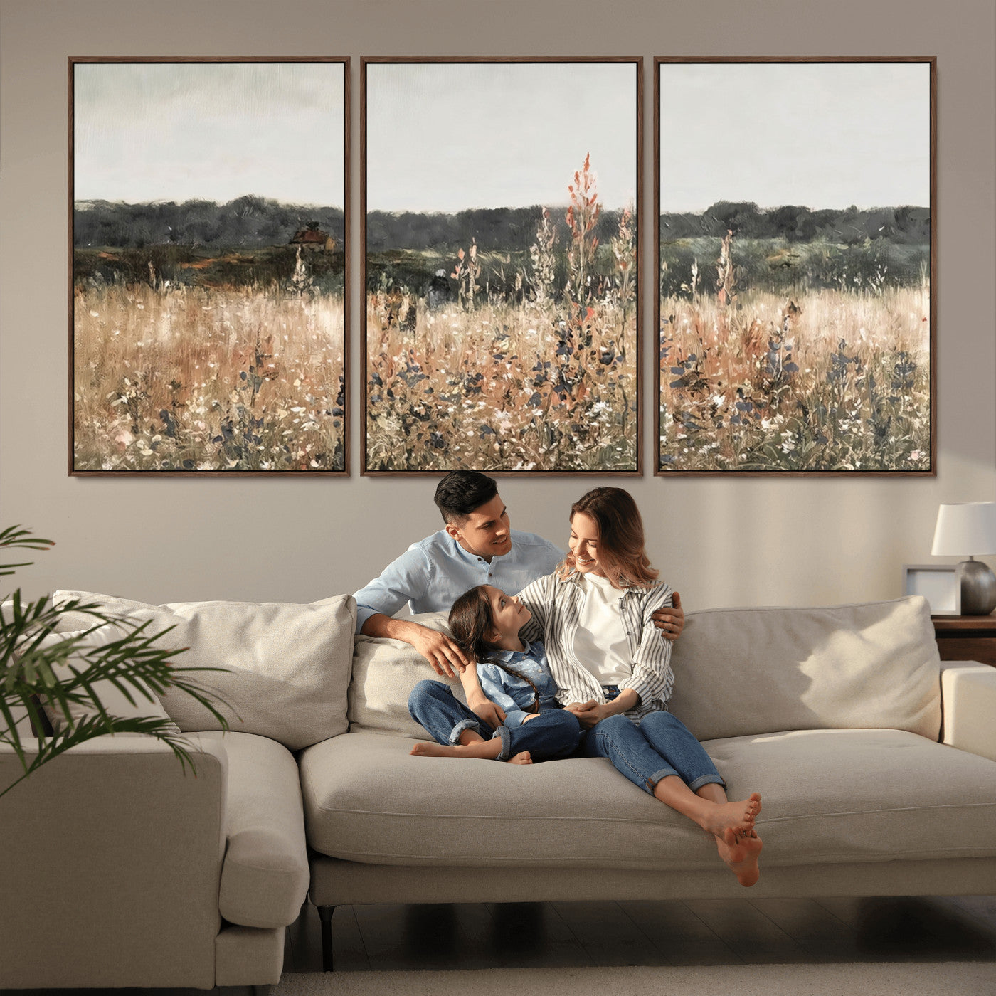 MGV-FC-60X30-3P - Abstract Wildflower Art Field Landscape Oil Painting Print, Country Field Wall Art - Framed Ready to Hang