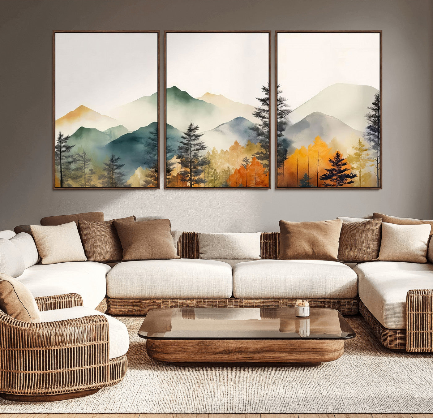 -Abstract Watercolor Mountains and Trees Autumn Wall Art, Mountains and Trees Autumn Wall Art Canvas