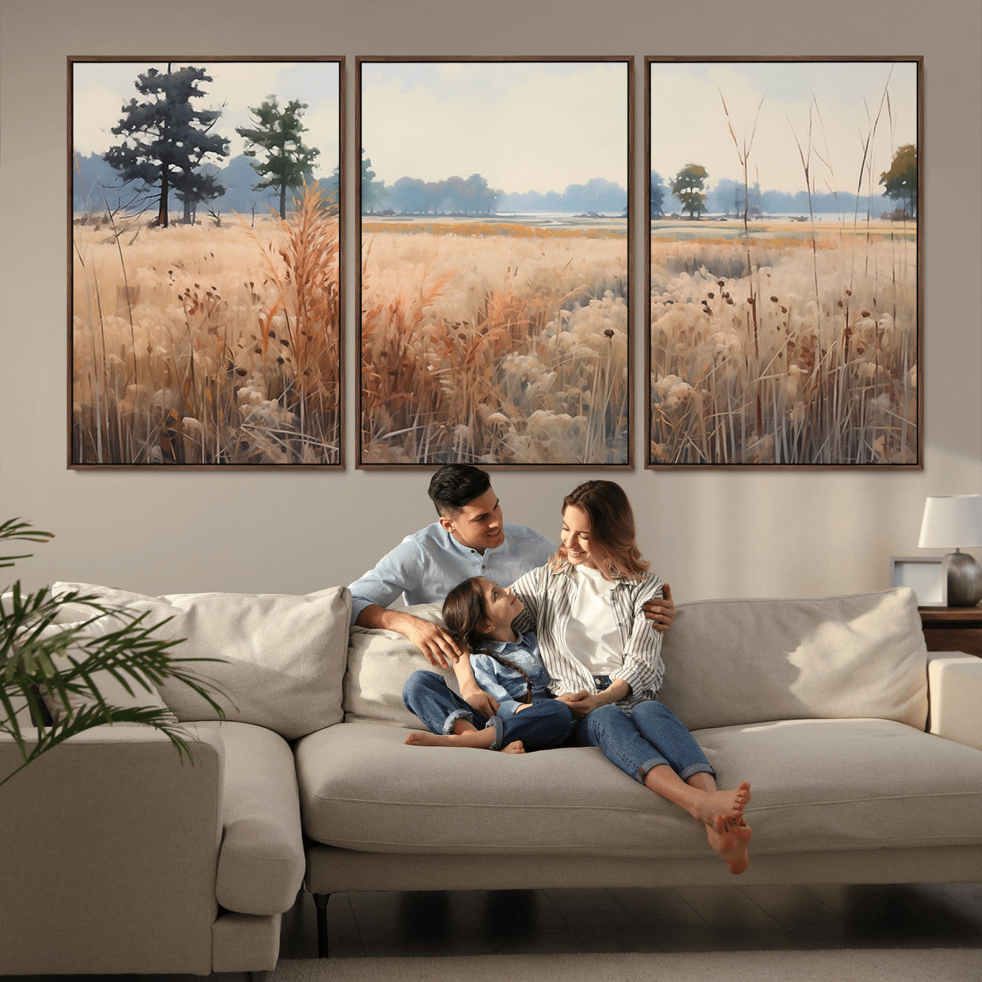 MGV-FC-60X30-3P - Golden Fields Canvas Wall Art Print – Serene Landscape of Nature’s Tranquility in Minimalist Modern Decor