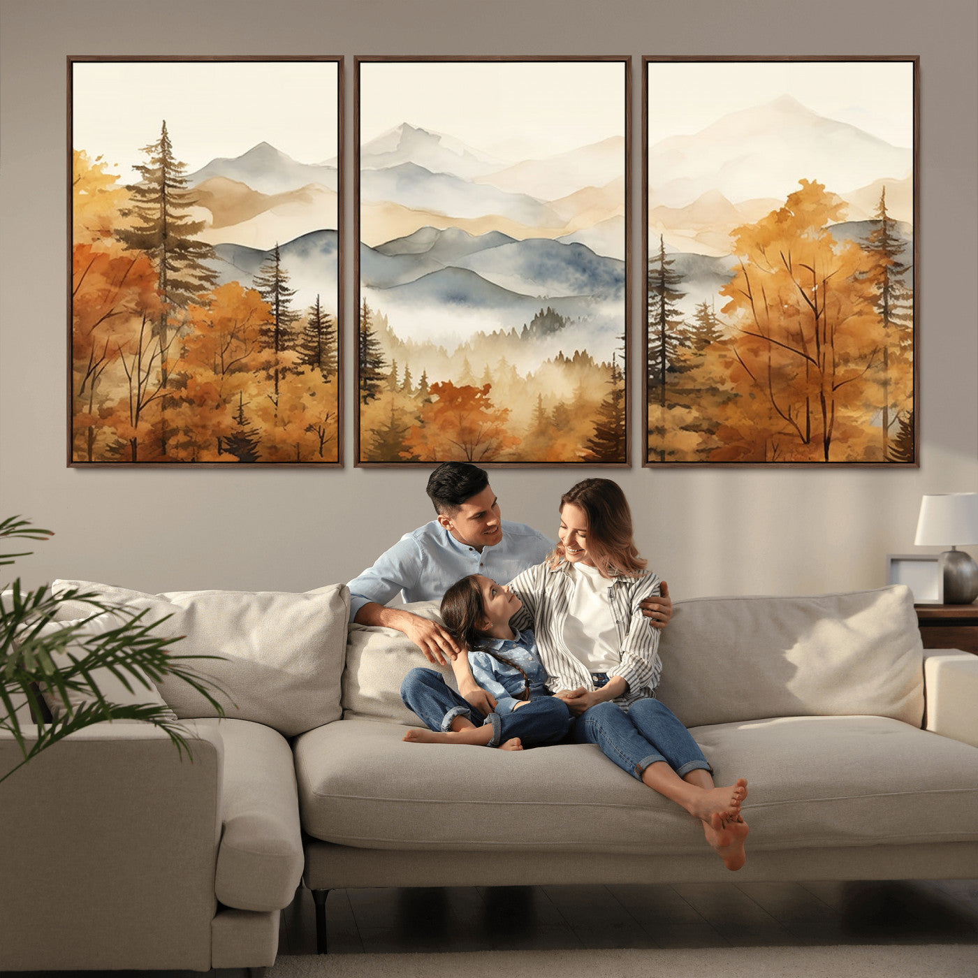 MGV-FC-60X30-3P - Golden Autumn Forest Wall Art | Mountain Landscape Canvas Print for Living Room or Bedroom | Large Wall Decor with Nature-Inspired Design