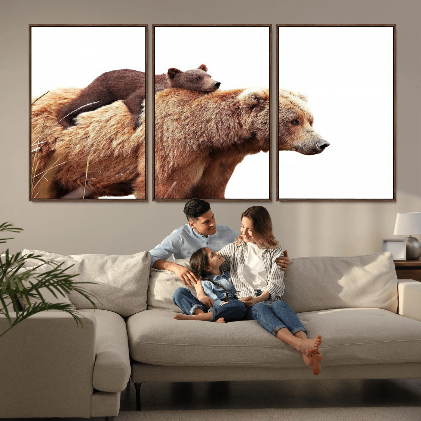 MGV-FC-60X30-3P - Mother and Baby Bear Canvas Wall Art - Adorable Wildlife Animal Print, Cozy Rustic Decor for Living Room,