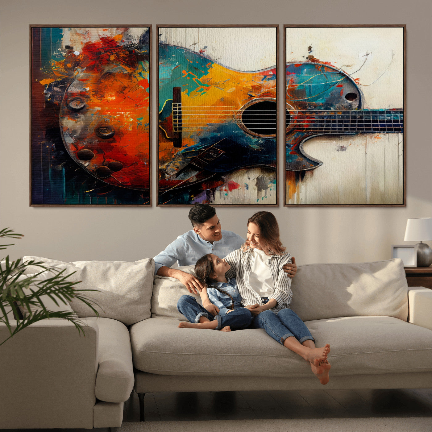 MGV-FC-60X30-3P - Abstract Guitar Wall Art Canvas | Vibrant Music-Inspired Art for Living Room or Studio | Colorful Music Decor Canvas Print