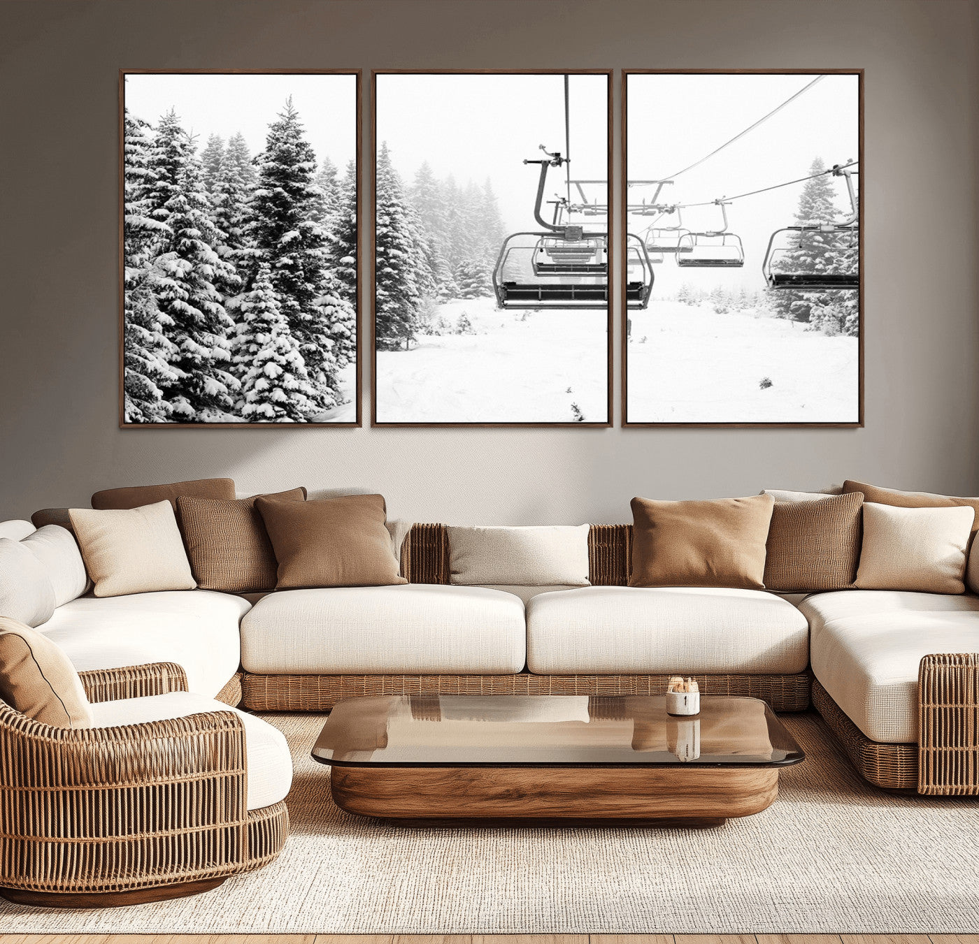 70609-MGV-CV-36X24-Winter Forest Wall Art Canvas Print – Framed Snowy Mountain Scene with Ski Lift Landscape Artwork for Home, Office Decor