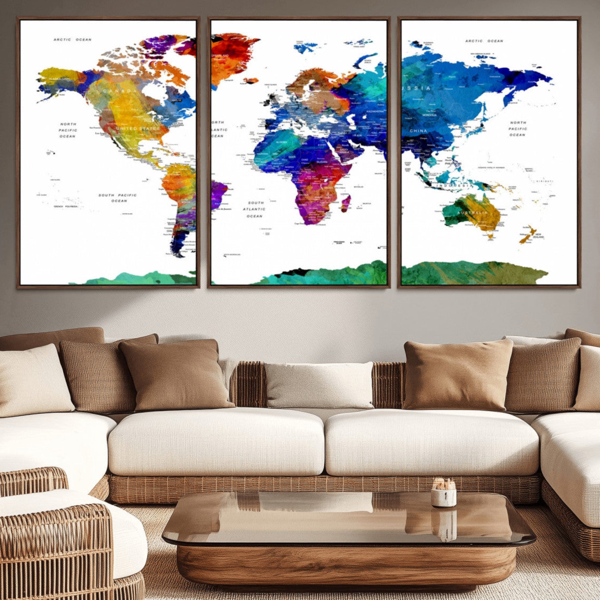 48979-MGV-CV-36X24-Colorful Watercolor World Map Canvas Print – Vibrant Framed Travel Map Wall Art, Modern Decor for Living Room or Office