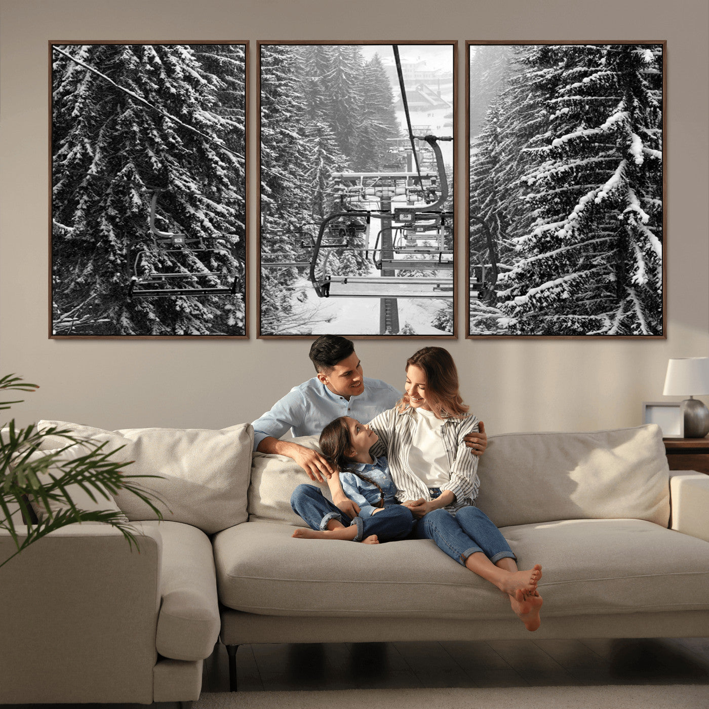 MGV-FC-60X30-3P - Winter Ski Lift Black and White Canvas Wall Art – Alpine Escape in Minimalist Style – Ready to Hang