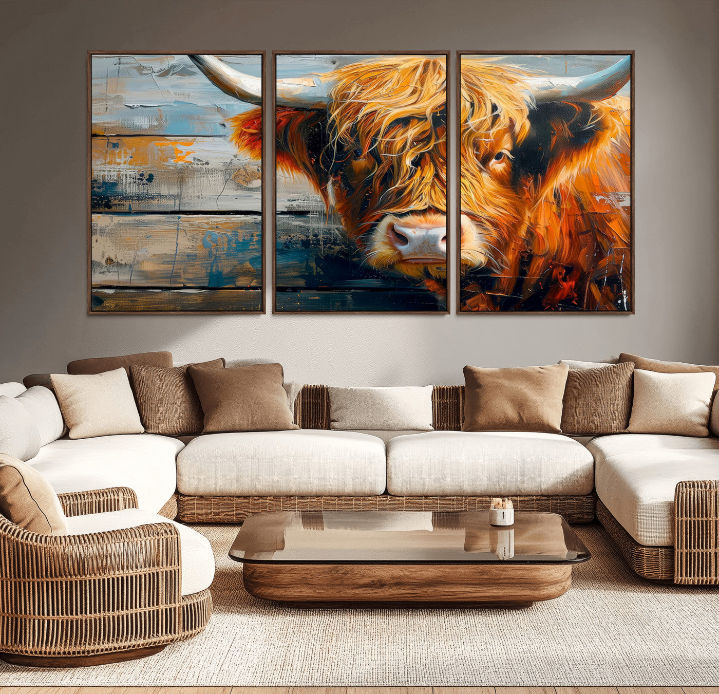 -Highland Cow Abstract Canvas Wall Art – Bold Farmhouse Rustic Decor – Ready to Hang