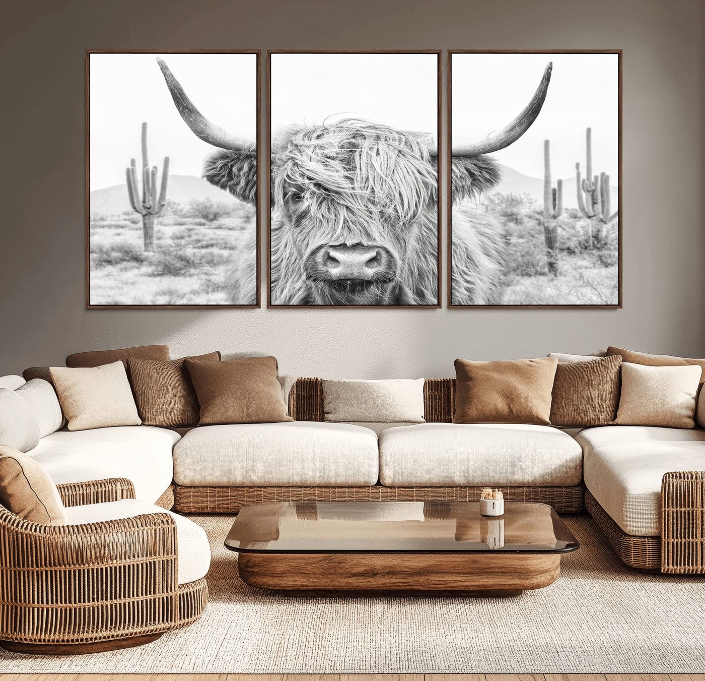 -Rustic Charm | Cow Longhorn Black White Bighorn Wall Art Canvas Print | Farmhouse Wall Art