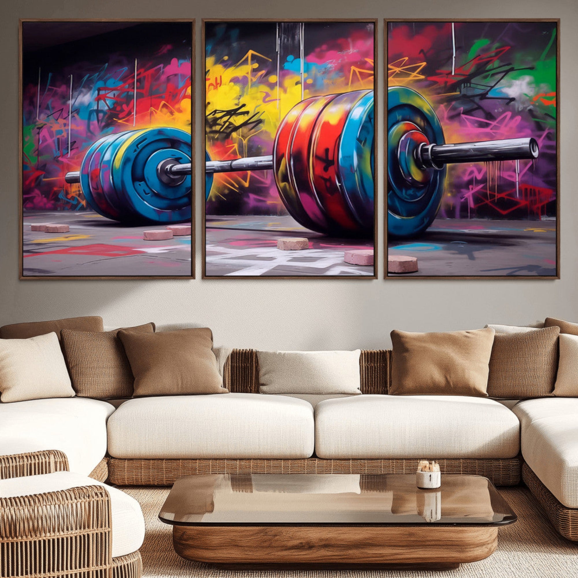 13549-MGV-CV-36X24-Abstract Graffiti Barbell Canvas Wall Art – Urban Fitness Meets Bold Street Art Print - Gym Wall Art