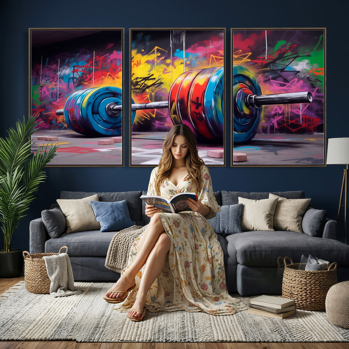 13549-MGV-CV-36X24 - Abstract Graffiti Barbell Canvas Wall Art | Urban Fitness Meets Bold Street Art