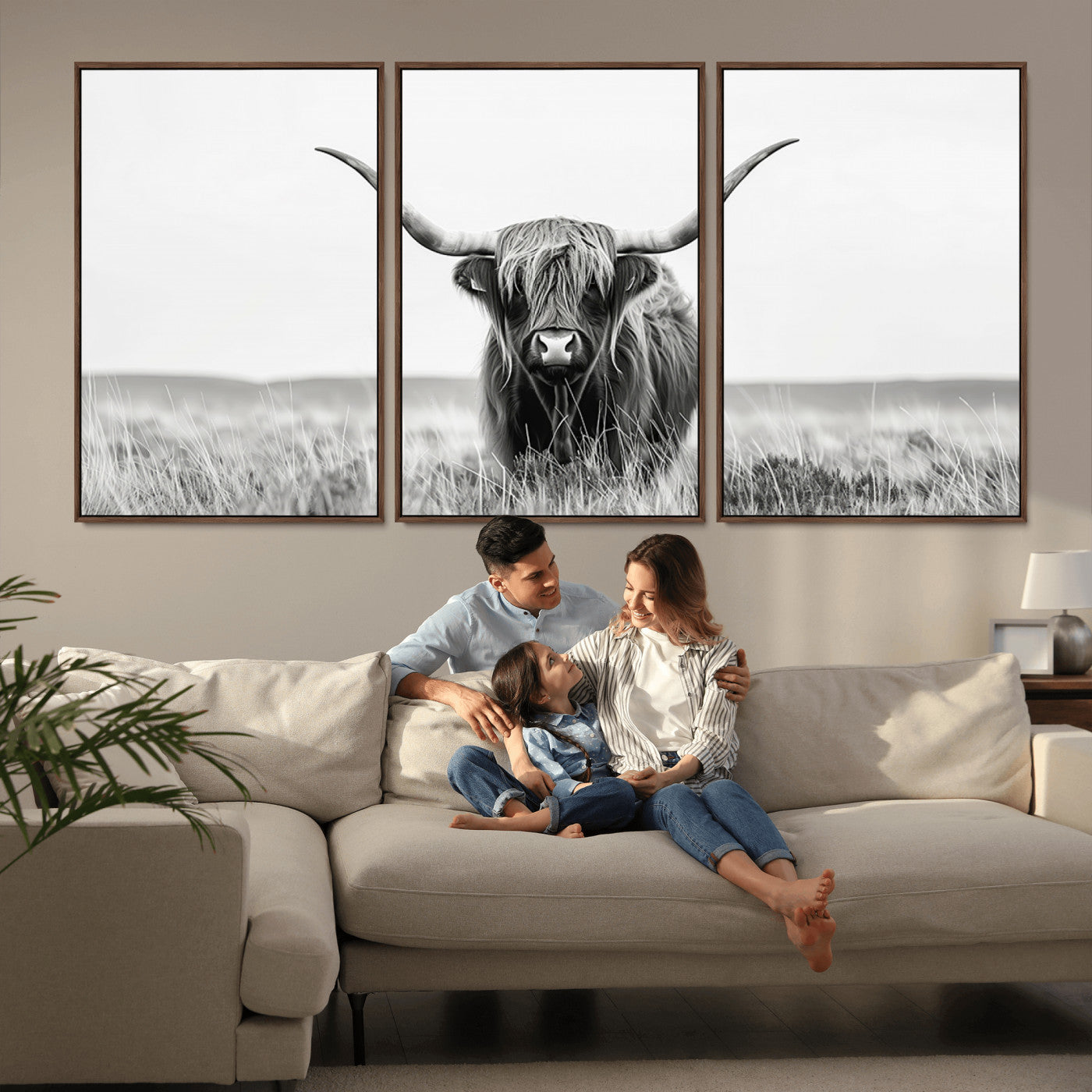 MGV-FC-60X30-3P - Highland Cow Canvas Wall Art – Majestic Beauty in Black and White – Ready to Hang