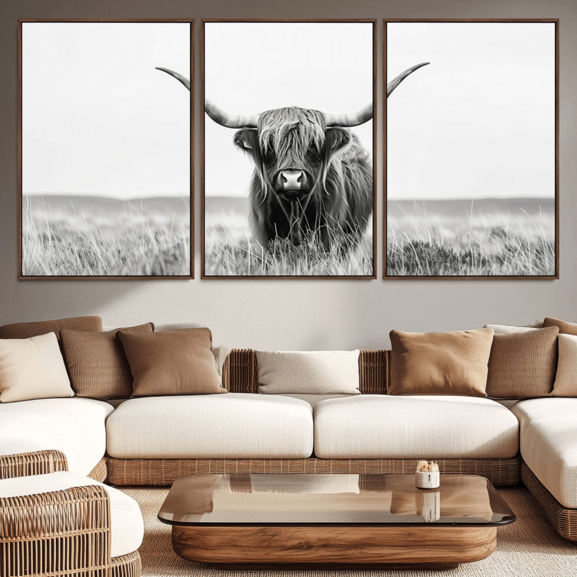 58751-MGV-CV-36X24-Highland Cow Canvas Wall Art – Majestic Beauty in Black and White